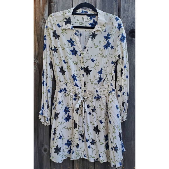 Free People Cream Floral Flowy Drawstring Waist Dress - Picture 2 of 8